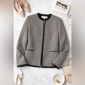 Valerie Stevens Blazer Womens 10 Houndstooth Wool Hook & Eye Leather Trim Black